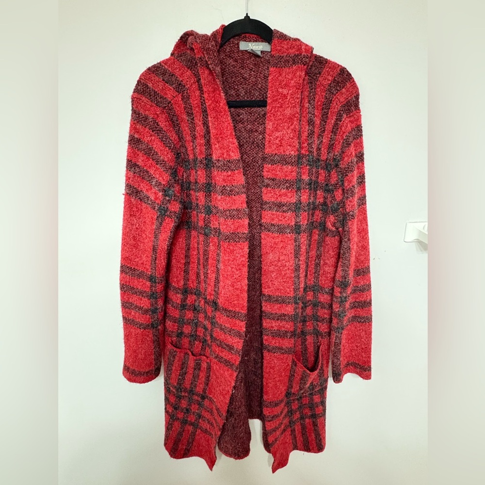 Natural Reflection Plaid Red and Black Hooded Cardigan